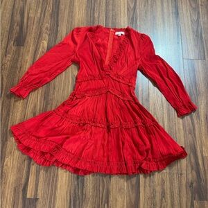 Mable Satin Long Sleeve Ruffle Dress Soild Red Small Knee-length Peasant Top